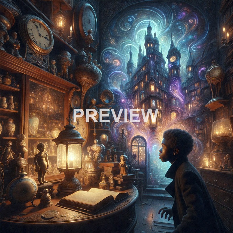 A young person with short hair is inside a cluttered, antique-filled room with numerous clocks and statues, gazing toward a fantastical, glowing cityscape that appears to be floating or emerging from the background.